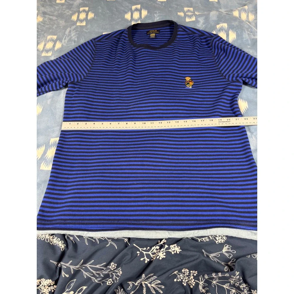 Polo Ralph Lauren Mens XL Blue Striped Waffle Knit Polo Bear Sleepwear Top 6951